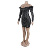 Women's Beaded Feather Off Shoulder Bodycon Dress