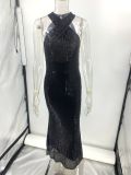 Women Sexy Backless Sleeveless Sequin Maxi Evening Dress