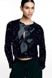 Autumn And Winter Women's Round Neck Long Sleeve Loose Plus Size Sexy Sequined Cropped Top