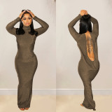 Fashion Women's Solid Color Sexy Long Sleeve Low Back Long Dress