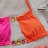 Women Crystal Diamond Bikini Sexy Colorblock Lace-Up Two Pieces Swimwear