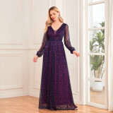Women's  Glittery Pleated Elastic See-Through Long Sleeve V-Neck Legant Evening Gown