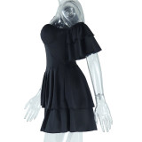 Women Solid Ruffle Sleeve Irregular Slash Shoulder Cascading Ruffles Dress