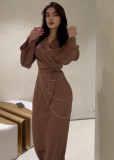 Women's Fall Maxi Dress Chic Long Slim Waist Dress