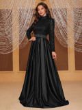 Women's Prom Dress Sequined Long Sleeve High Neck Party Evening Gown (Including Belt)