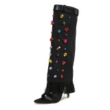 Fashionable Women's Belt Buckle High Boots Stiletto Sandals Rhinestone Denim Fashion Boots