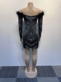Women's Beaded Feather Off Shoulder Bodycon Dress