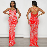 Fashion Women's Solid Color Mesh Beaded Straps Long Dress