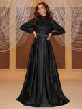 Women's Prom Dress Sequined Long Sleeve High Neck Party Evening Gown (Including Belt)