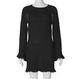 Winter Sexy Knitting Tie Low Back Bell Bottom Long Sleeve Solid Color Dress