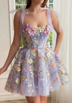 Women's Fashion Flower Embroidery Sexy Strap Bodycon Dress