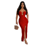 Fashion Women's Solid Color Sexy Sequin Low Back Long Dress