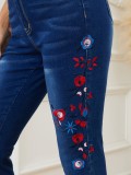 Women Embroidered High Waist Stretch Denim Pants