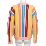 Autumn Women's Fashion Contrast Color Knitting Striped Long Sleeve Cardigan Loose Casual Top