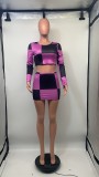 Women Round Neck Long Sleeve Printed Contrast Crop Top and Skirt Two-piece Set