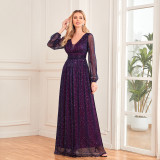 Women's  Glittery Pleated Elastic See-Through Long Sleeve V-Neck Legant Evening Gown