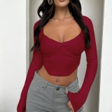 Women Ribbed Knot Square Neck Long Sleeve T-Shirt