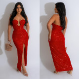 Fashion Women's Solid Color Sexy Sequin Low Back Long Dress