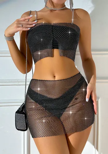 Low Back Slim Fit Straps Nightclub Style Sexy Rhinestone Fishnet Skirt Set