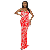 Fashion Women's Solid Color Mesh Beaded Straps Long Dress