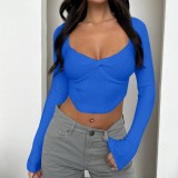 Women Ribbed Knot Square Neck Long Sleeve T-Shirt