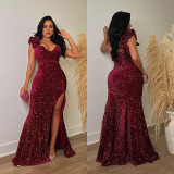 Fashion Women's Solid Color Sexy Sequin Straps Long Dress