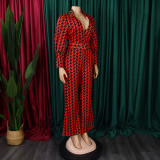 Women's Autumn and Winter V-neck Puff Sleeve Slim Waist Printed Wide Leg Plus Size African Jumpsuit