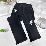 Sexy Low Rise Denim Embroidered Cutout Style Stretch Tight Fitting Pants