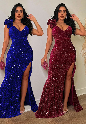 Fashion Women's Solid Color Sexy Sequin Straps Long Dress