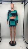 Women Round Neck Long Sleeve Printed Contrast Crop Top and Skirt Two-piece Set