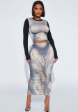 Women's Winter Casual Printed Crop Round Neck Long Sleeve Top Slim Maxi Skirt Set