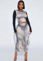 Women's Winter Casual Printed Crop Round Neck Long Sleeve Top Slim Maxi Skirt Set
