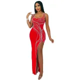 Women Sexy Beaded Sleeveless Bodycon Slit Dress