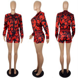 Women Autumn and Winter Style Print Long Sleeve Top And Shorts Two Piece Set