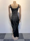 Women Sexy Beaded Sleeveless Bodycon Slit Dress