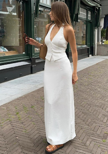 Women sexy V-neck Halter Neck Top and slit skirt two-piece set