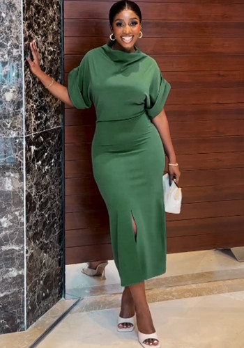 Women Casual Solid Top and Bodycon Slit Skirt Two Piece Set