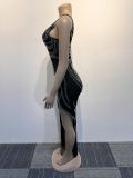 Women Sexy Beaded Sleeveless Bodycon Slit Dress