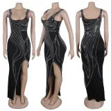 Women Sexy Beaded Sleeveless Bodycon Slit Dress