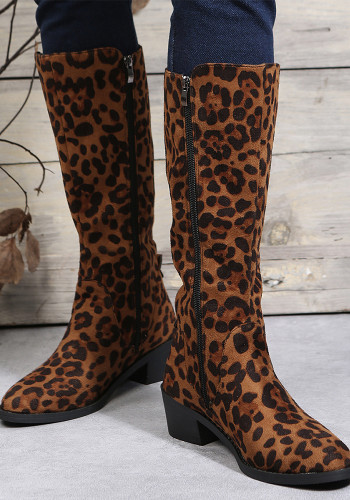 Women French Retro Leopard Print Medium Chunk Heel Short Boots Overboots