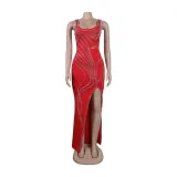 Women Sexy Beaded Sleeveless Bodycon Slit Dress