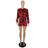 Women Autumn and Winter Style Print Long Sleeve Top And Shorts Two Piece Set