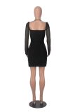 Women Long Sleeve Solid Square Neck Sexy Mini Dress