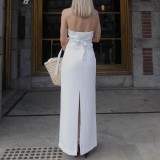 Women sexy V-neck Halter Neck Top and slit skirt two-piece set