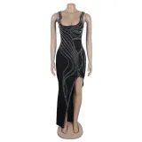 Women Sexy Beaded Sleeveless Bodycon Slit Dress