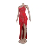 Women Sexy Beaded Sleeveless Bodycon Slit Dress