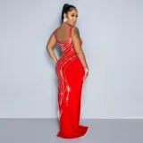 Women Sexy Beaded Sleeveless Bodycon Slit Dress