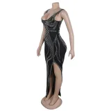 Women Sexy Beaded Sleeveless Bodycon Slit Dress