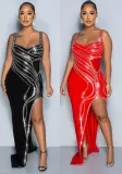 Women Sexy Beaded Sleeveless Bodycon Slit Dress