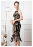 Retro  Bead Embroidered Sequins Deep V Low Back Evening Dress Sleeveless Tassel Party Dress